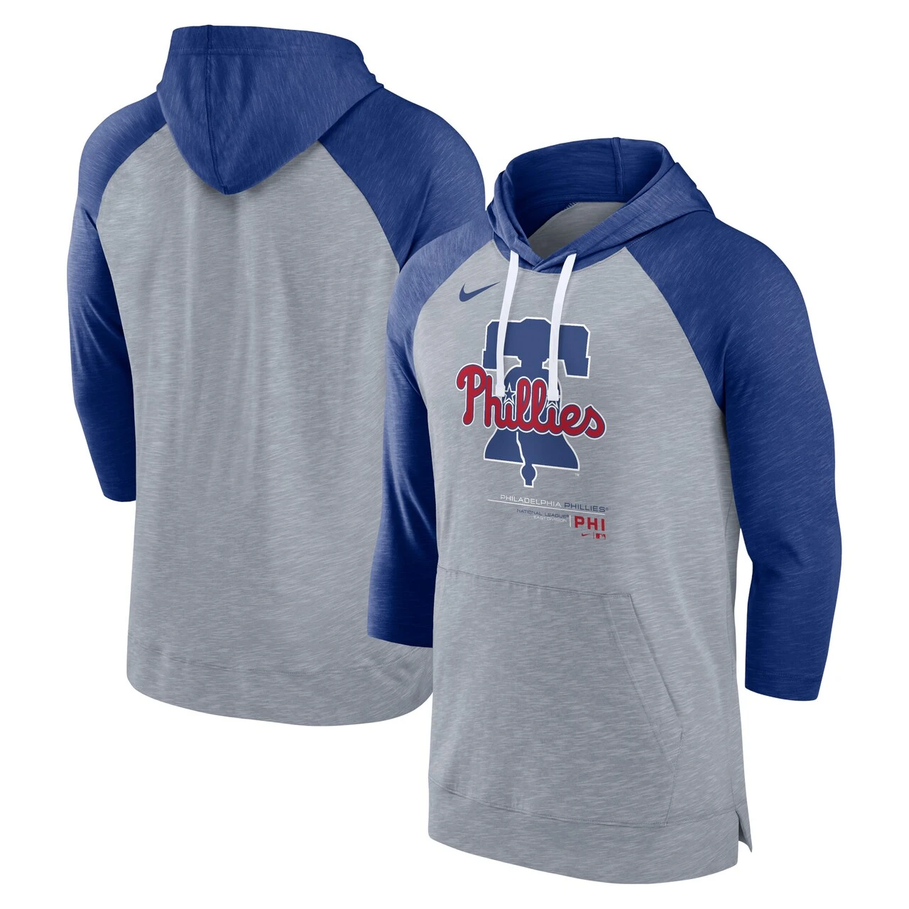 Men's Philadelphia Phillies Nike Heather Gray/Heather Royal Baseball Raglan 3/4-Sleeve Pullover Hoodie
