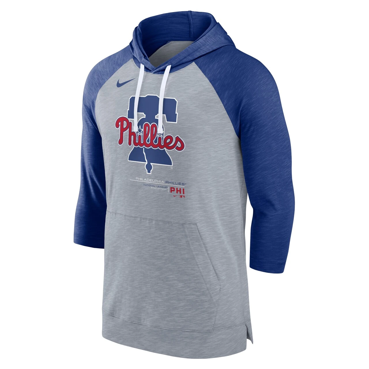 Men's Philadelphia Phillies Nike Heather Gray/Heather Royal Baseball Raglan 3/4-Sleeve Pullover Hoodie - Image 2