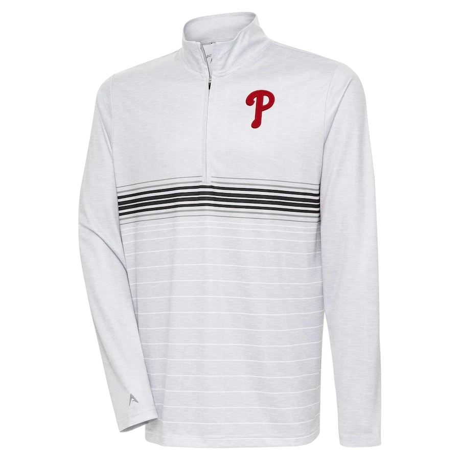 Men's Philadelphia Phillies Antigua Heather Gray/Black Bullseye Quarter-Zip Pullover Top