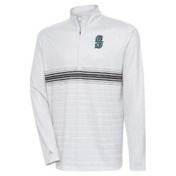 Men's Seattle Mariners Antigua Heather Gray/Black Bullseye Quarter-Zip Pullover Top