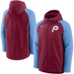 Men's Philadelphia Phillies Nike Burgundy/Light Blue Authentic Collection Performance Raglan Full-Zip Hoodie