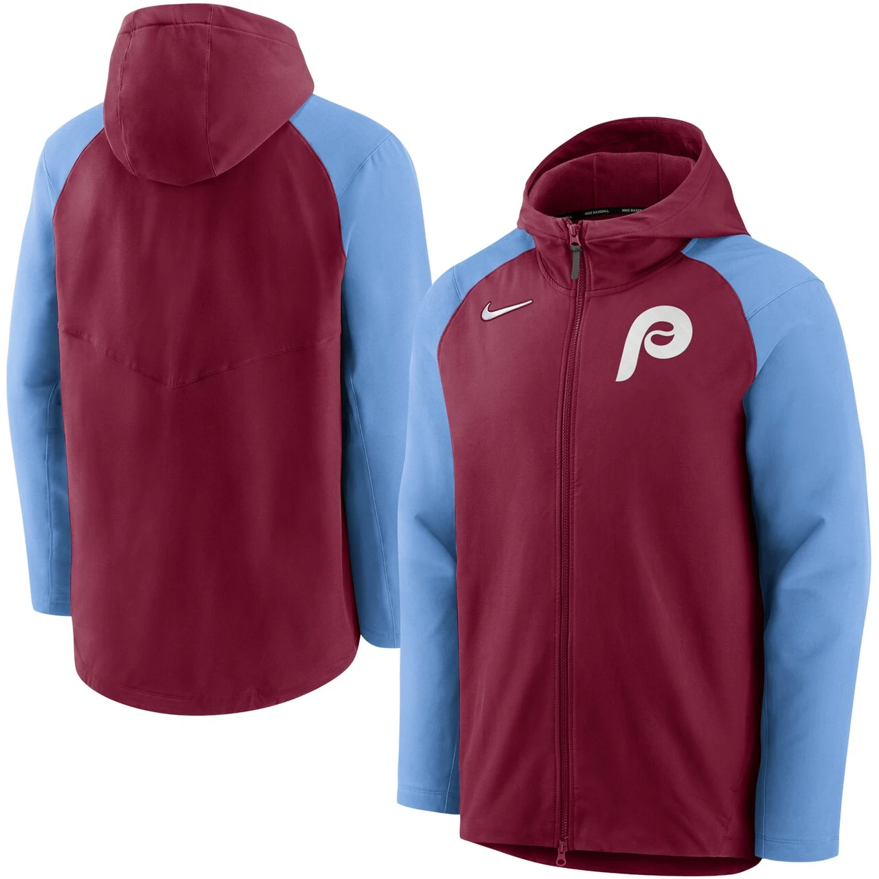 Men's Philadelphia Phillies Nike Burgundy/Light Blue Authentic Collection Performance Raglan Full-Zip Hoodie