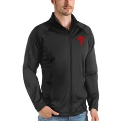 Men's Philadelphia Phillies Antigua Black Links Full-Zip Golf Jacket