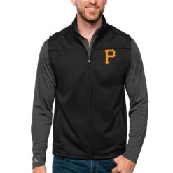 Men's Pittsburgh Pirates Antigua Black Links Full-Zip Golf Vest