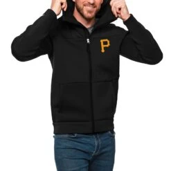 Men's Pittsburgh Pirates Antigua Black Protect Full-Zip Hoodie