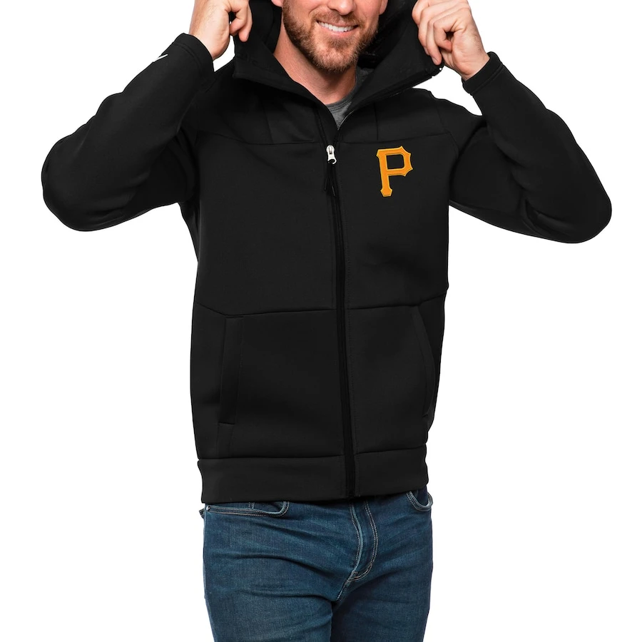 Men's Pittsburgh Pirates Antigua Black Protect Full-Zip Hoodie