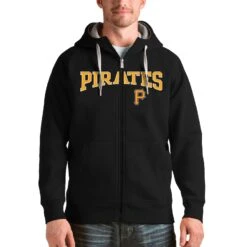 Pittsburgh Pirates Antigua Black Team Logo Victory Full-Zip Hoodie