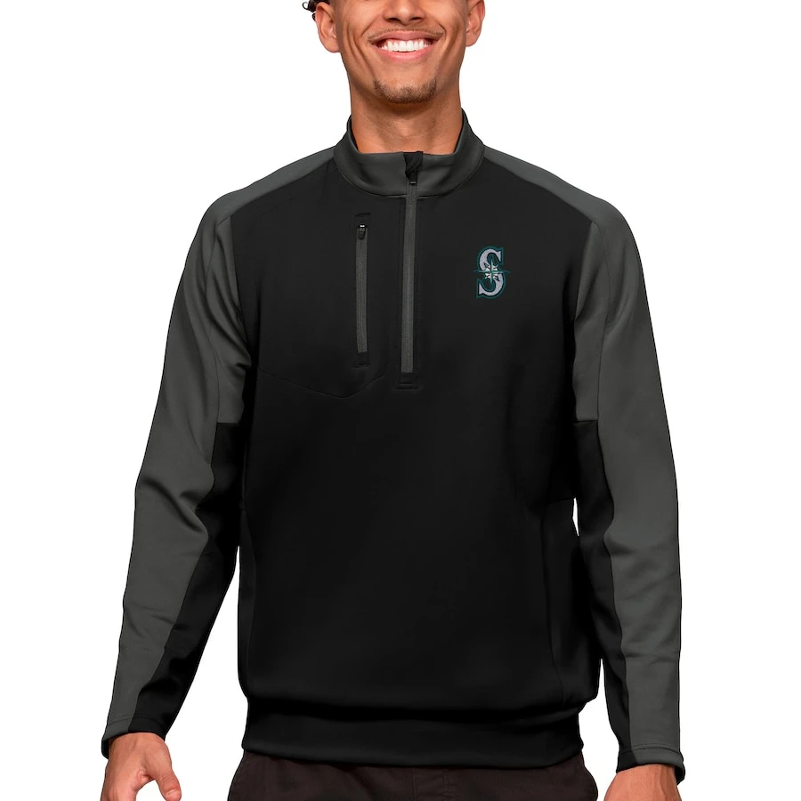 Men's Seattle Mariners Antigua Black Team Quarter-Zip Pullover Top