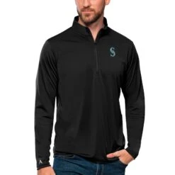Men's Seattle Mariners Antigua Black Tribute Quarter-Zip Pullover Top