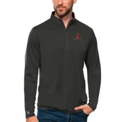 Men's Arizona Diamondbacks Antigua Charcoal Tribute Quarter-Zip Pullover Top