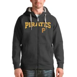 Pittsburgh Pirates Antigua Charcoal Team Logo Victory Full-Zip Hoodie