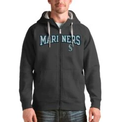 Seattle Mariners Antigua Charcoal Team Logo Victory Full-Zip Hoodie