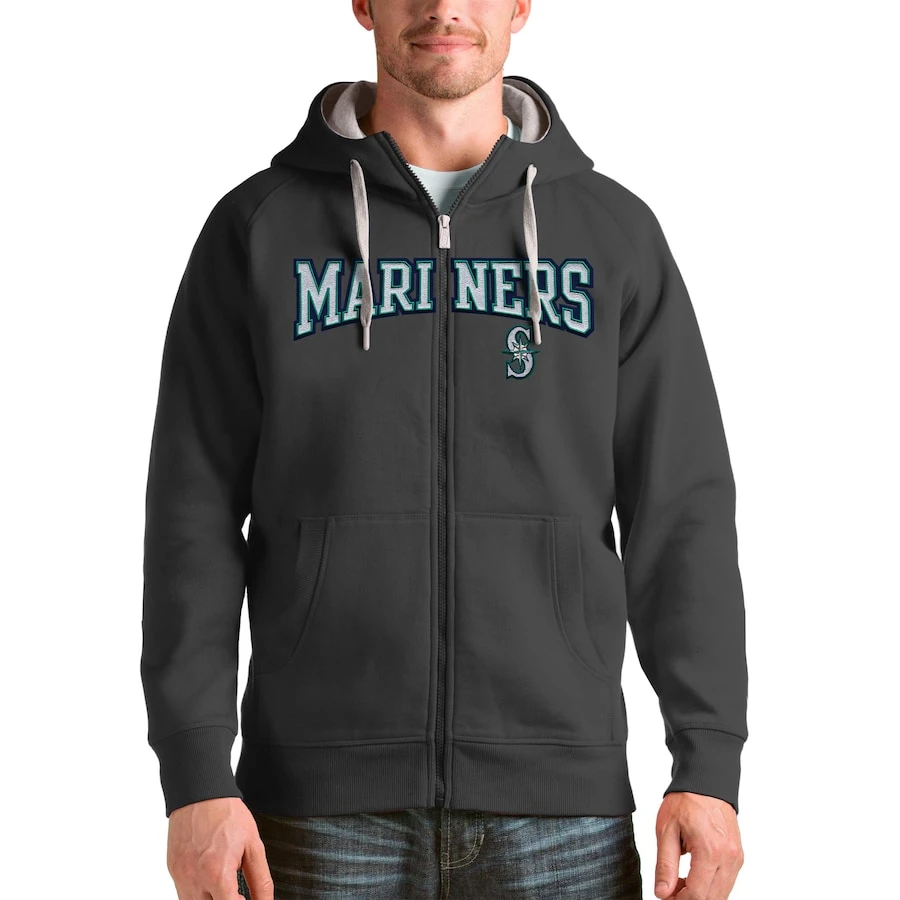 Seattle Mariners Antigua Charcoal Team Logo Victory Full-Zip Hoodie