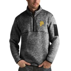 Men's Pittsburgh Pirates Antigua Heathered Black Fortune Half-Zip Sweater
