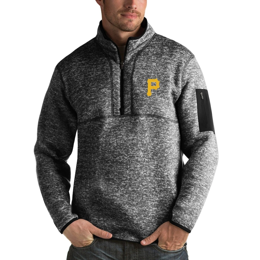 Men's Pittsburgh Pirates Antigua Heathered Black Fortune Half-Zip Sweater