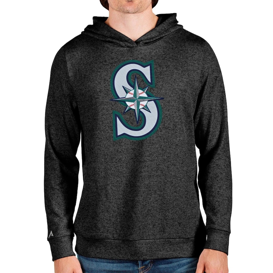 Men's Seattle Mariners Antigua Heathered Black Team Logo Absolute Pullover Hoodie