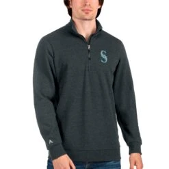 Men's Seattle Mariners Antigua Heathered Charcoal Action Quarter-Zip Pullover Sweatshirt