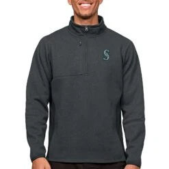 Men's Seattle Mariners Antigua Heathered Charcoal Course Quarter-Zip Pullover Top