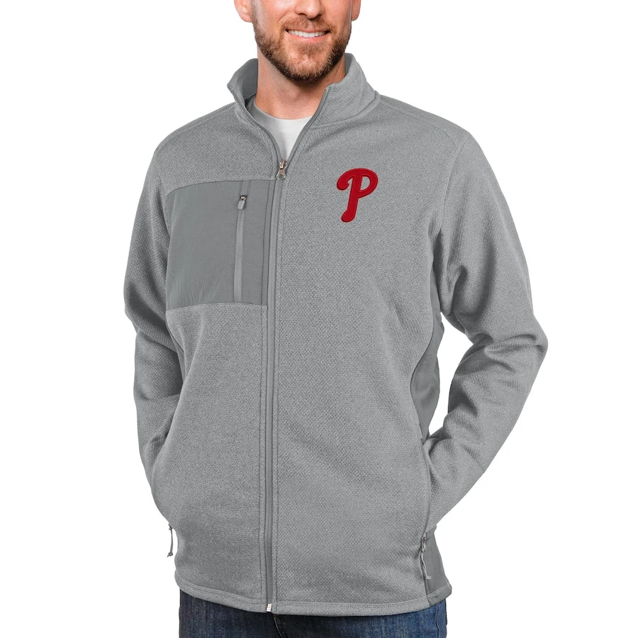 Men's Philadelphia Phillies Antigua Heathered Gray Course Full-Zip Jacket