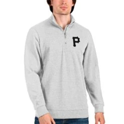 Men's Pittsburgh Pirates Antigua Heathered Gray Action Quarter-Zip Pullover Sweatshirt