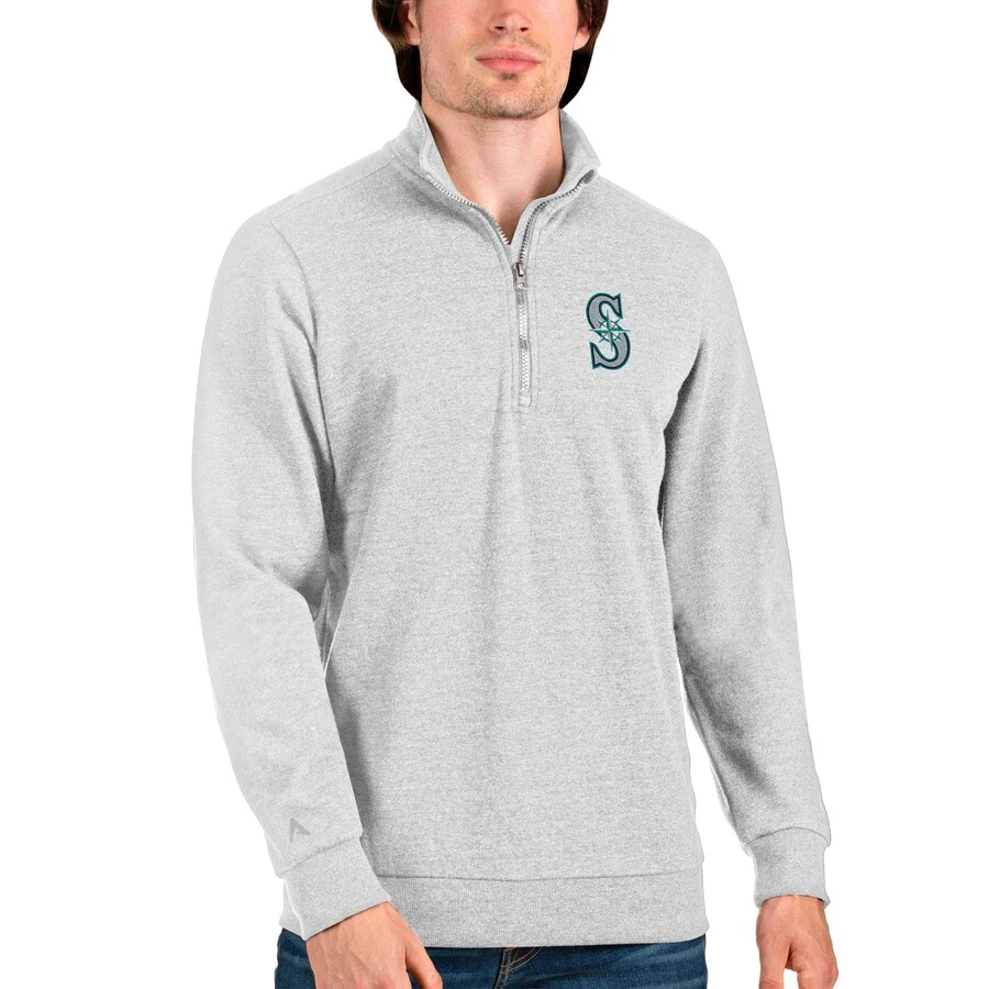 Men's Seattle Mariners Antigua Heathered Gray Action Quarter-Zip Pullover Sweatshirt
