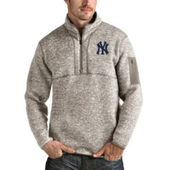 Men's New York Yankees Antigua Oatmeal Fortune Quarter-Zip Pullover Jacket