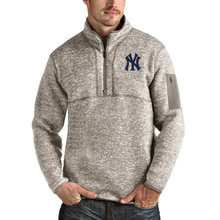 Men's New York Yankees Antigua Oatmeal Fortune Quarter-Zip Pullover Jacket