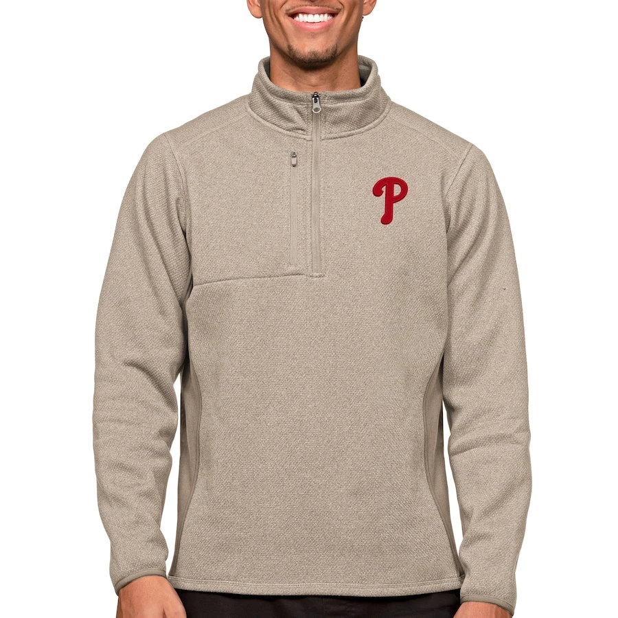 Men's Philadelphia Phillies Antigua Oatmeal Course Quarter-Zip Pullover Top