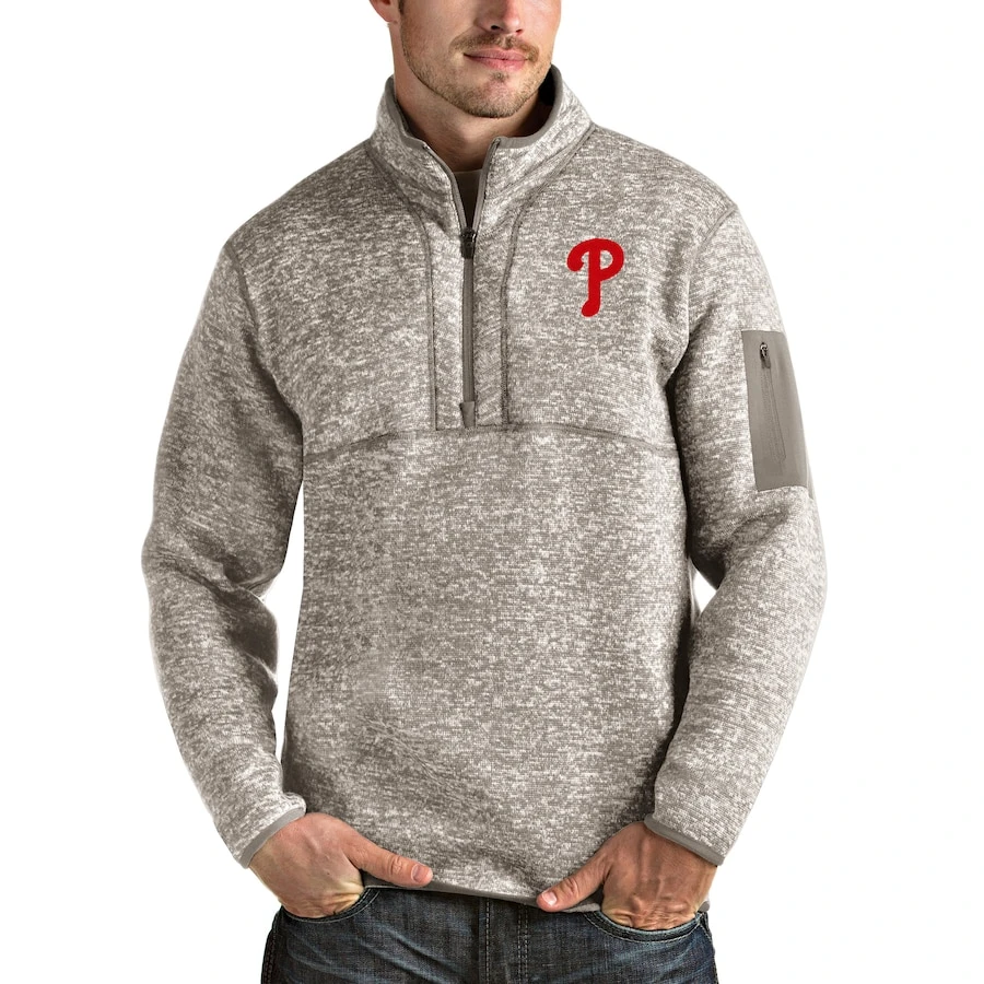 Men's Philadelphia Phillies Antigua Oatmeal Fortune Quarter-Zip Pullover Jacket