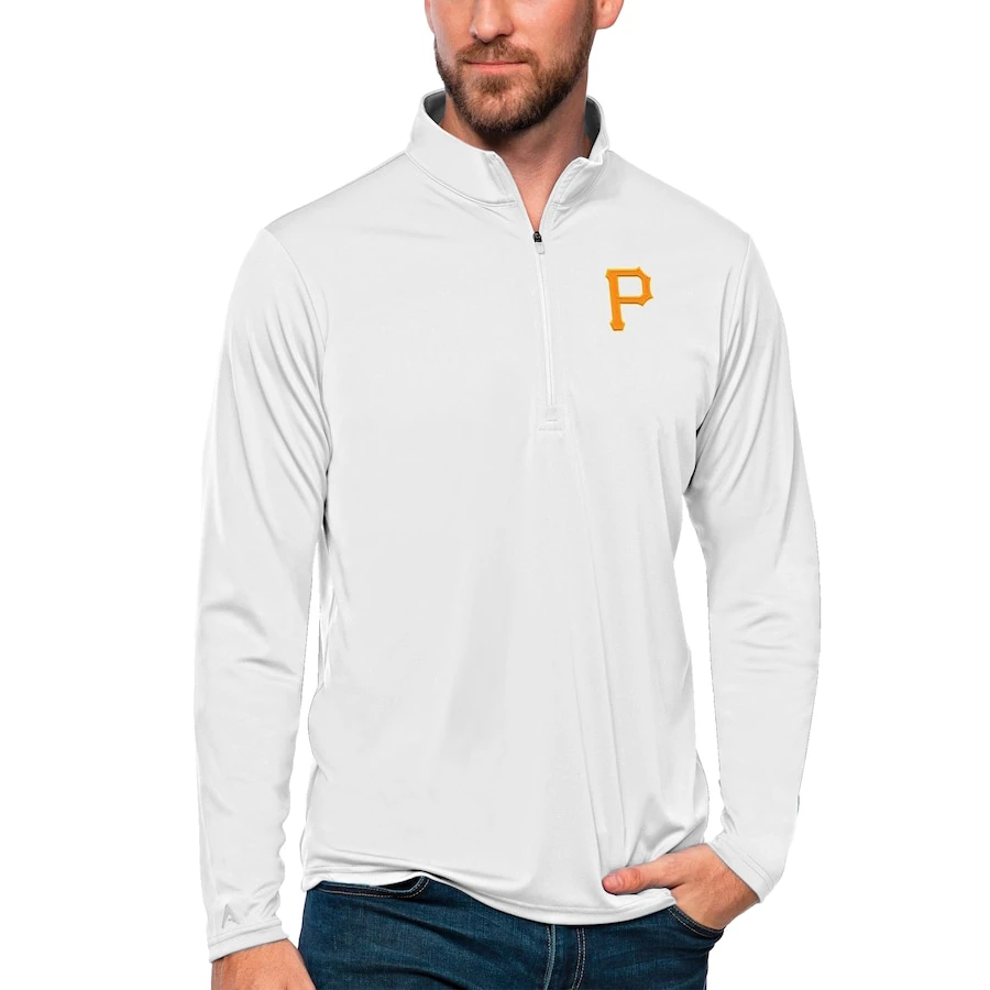 Men's Pittsburgh Pirates Antigua White Tribute Quarter-Zip Pullover Top