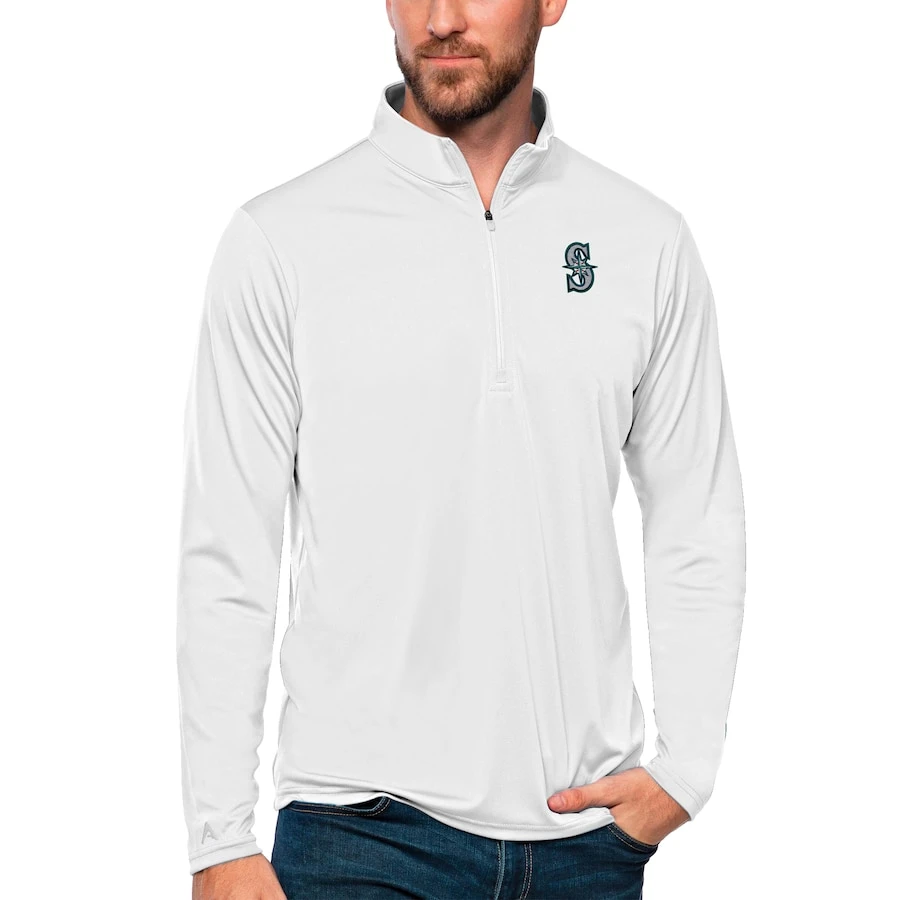 Men's Seattle Mariners Antigua White Tribute Quarter-Zip Pullover Top