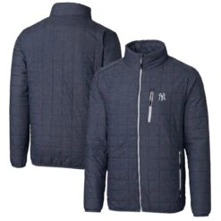 Men's New York Yankees Cutter & Buck Heathered Navy Rainier Eco Insulated Full-Zip Puffer Jacket