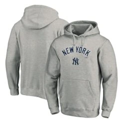 Men's New York Yankees Fanatics Branded Heather Gray Team Logo Lockup Fitted Pullover Hoodie