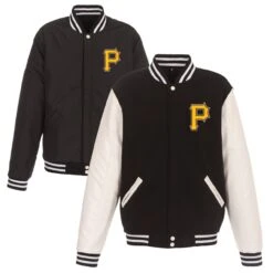 Men's Pittsburgh Pirates JH Design Black Reversible Fleece Jacket With Faux Leather Sleeves