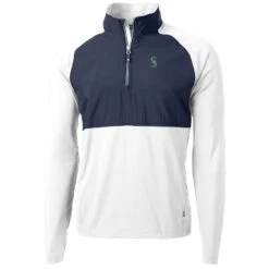 Men's Seattle Mariners Cutter & Buck White/Navy Adapt Eco Knit Hybrid Recycled Quarter-Zip Pullover Jacket