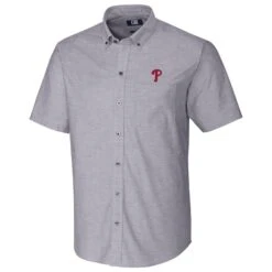 Philadelphia Phillies Cutter & Buck Short Sleeve Stretch Oxford Button-Down Shirt - Charcoal
