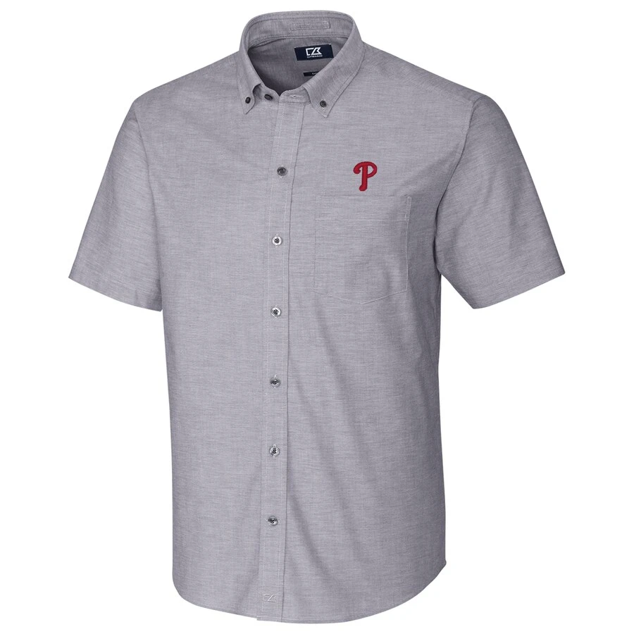 Philadelphia Phillies Cutter & Buck Short Sleeve Stretch Oxford Button-Down Shirt - Charcoal