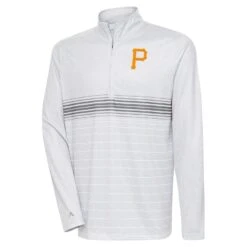 Men's Pittsburgh Pirates Antigua Heather Gray/Steel Bullseye Quarter-Zip Pullover Top