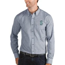 Men's Seattle Mariners Antigua Navy/White Structure Button-Down Long Sleeve Shirt